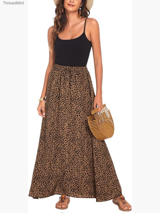 Dresses & Skirts - Flowy Maxi Skirt Pleated High Waisted Elastic Waist Beach Summer Long Skirt